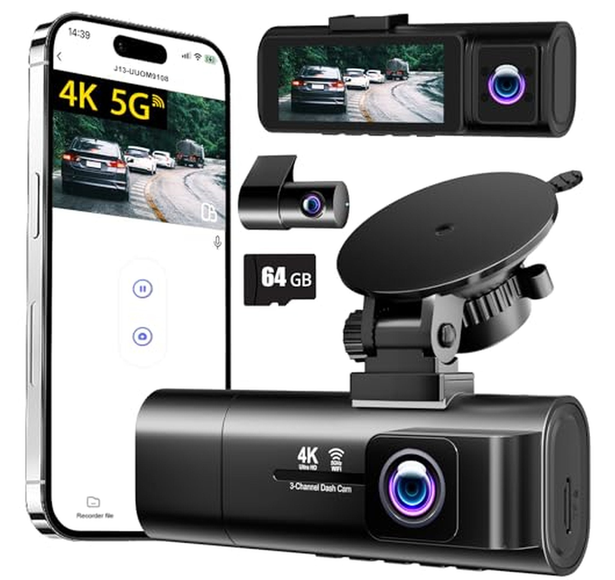 4K Triple Channel WiFi Front Rear Interior Dash Cam