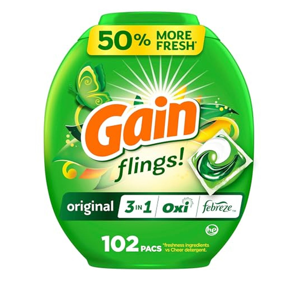 408 Count Gain Flings Odor Defense Laundry Detergent Pacs