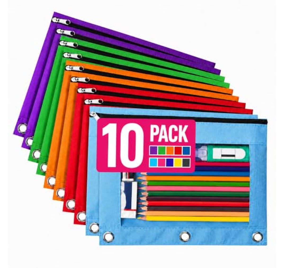 10 Pack Zipper Pencil Pouch for 3 Ring Binders