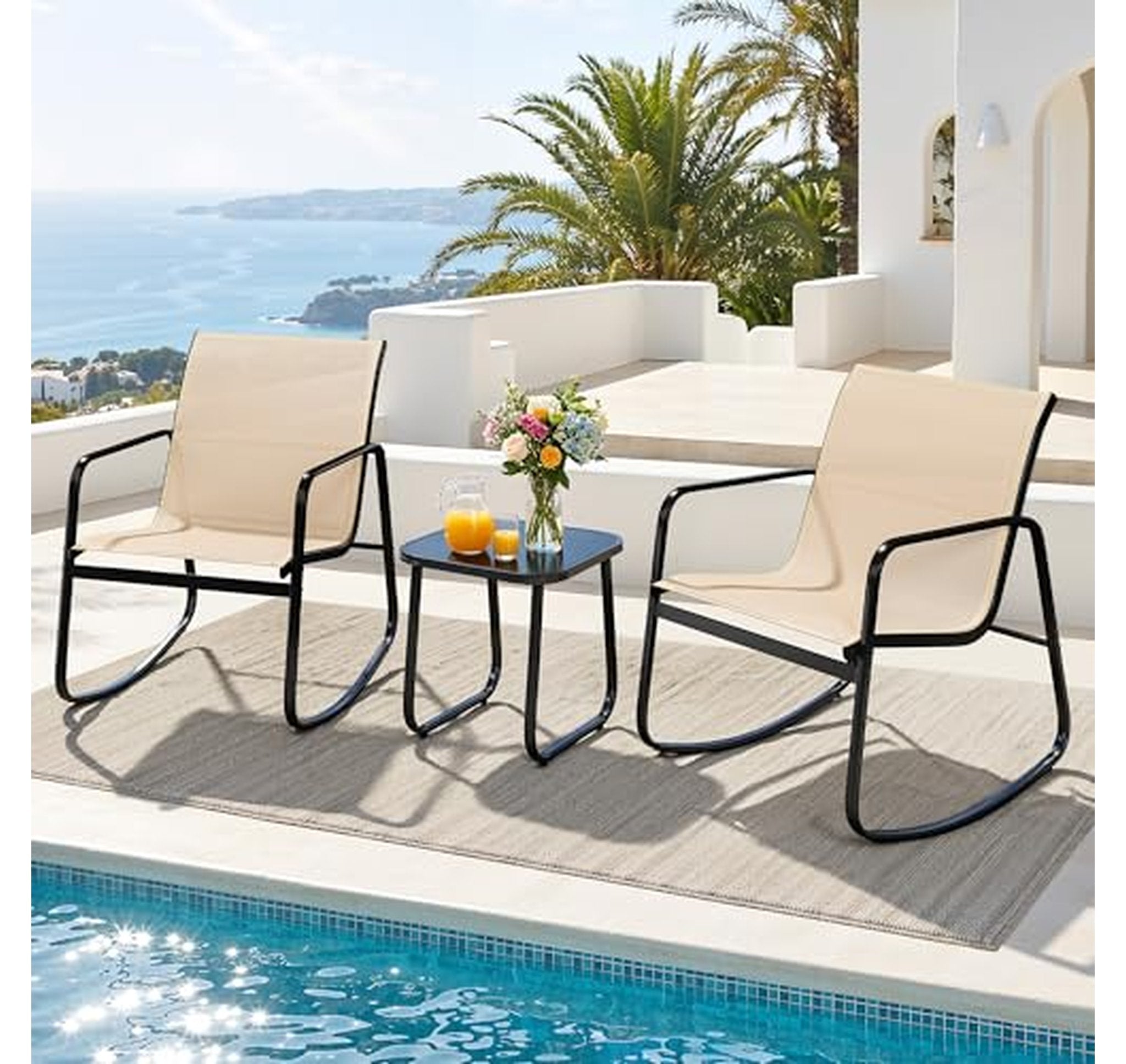 3 Piece Textilene Patio Rocking Chair Set
