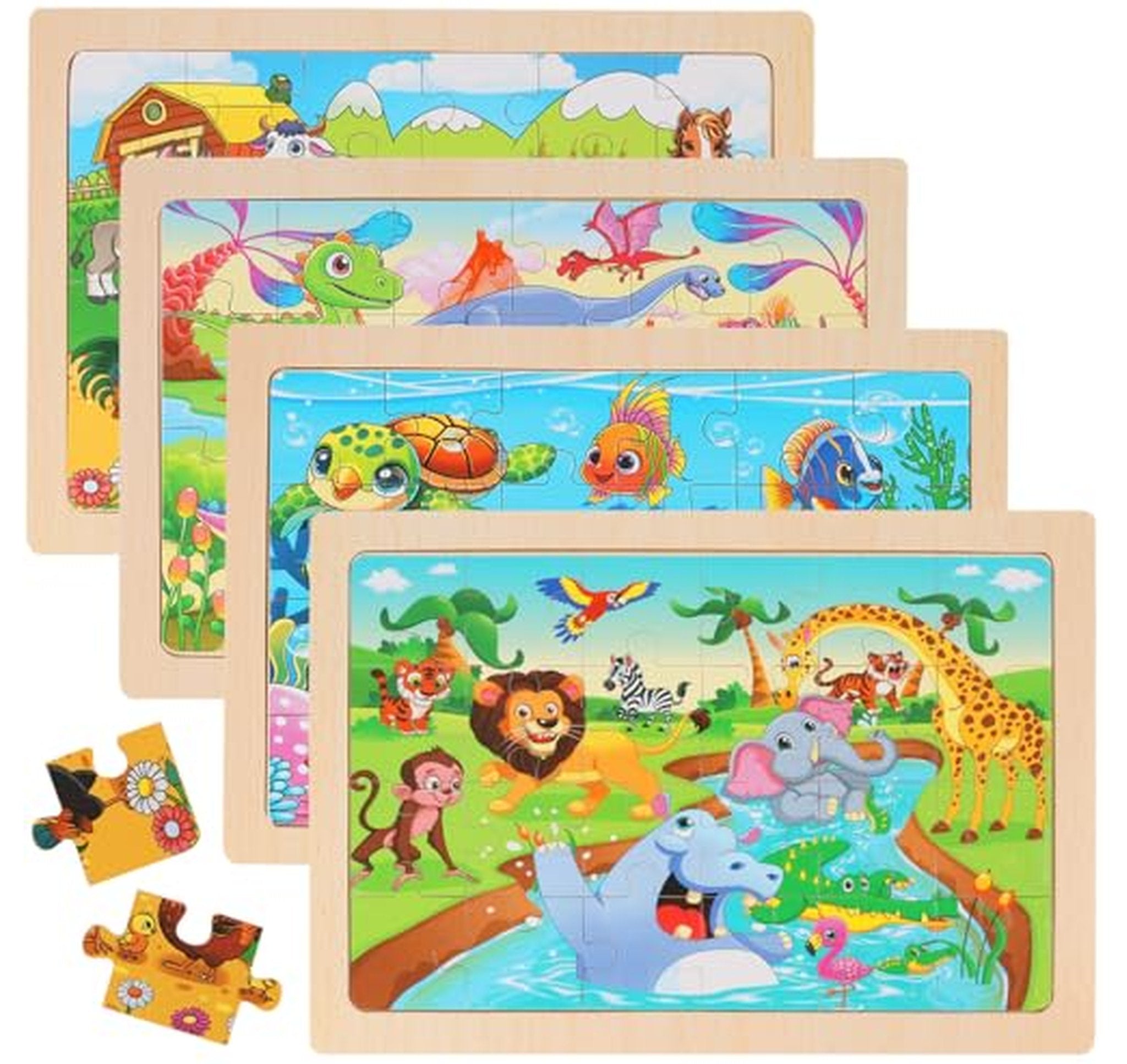 4 Pack 24-Piece Wooden Jigsaw Puzzles for Kids