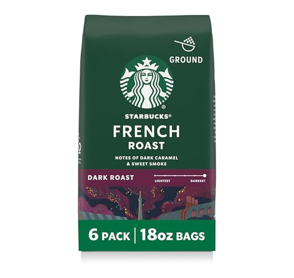 6 Pack Starbucks French Roast Dark Ground Coffee
