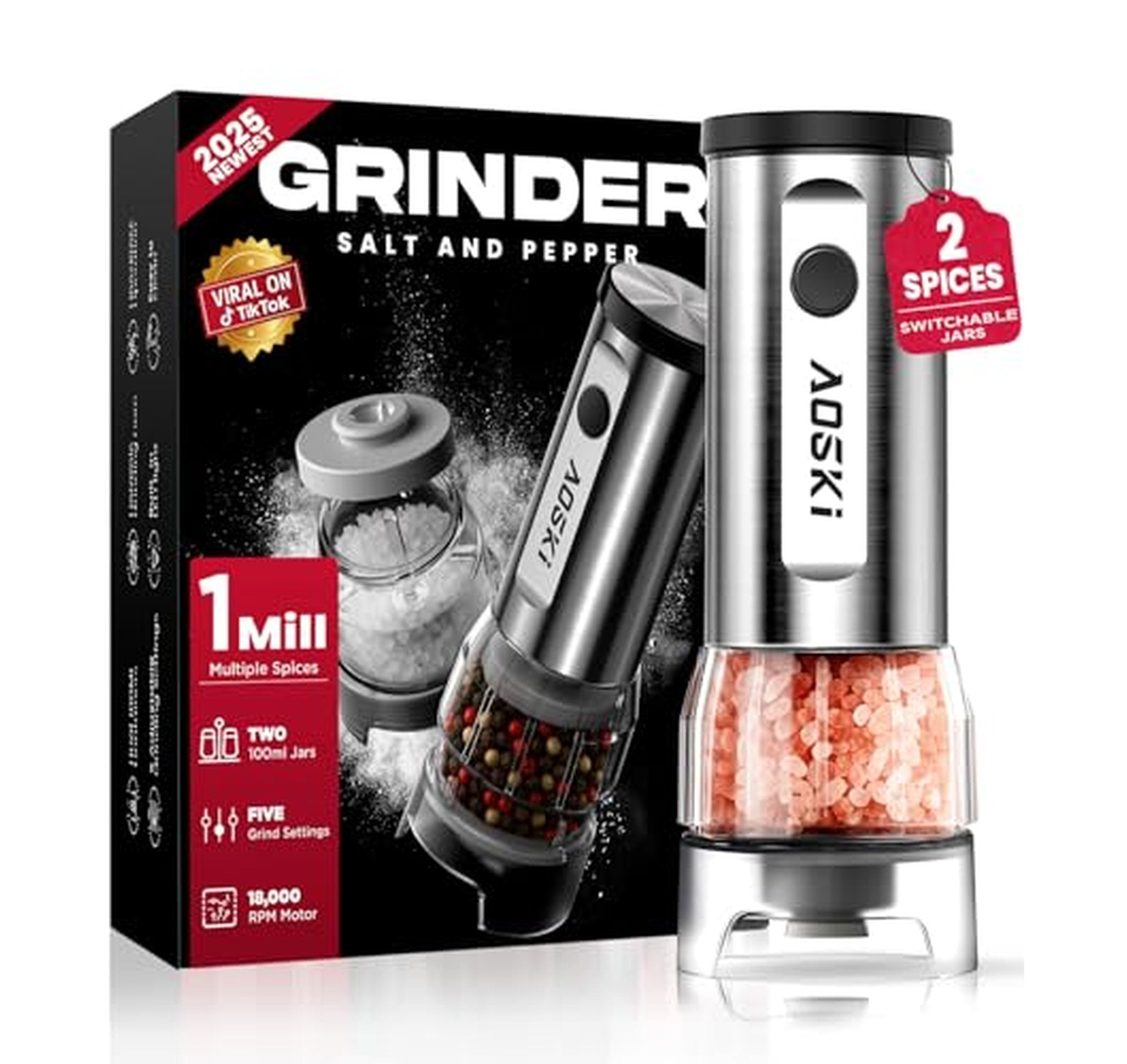 Electric Salt and Pepper Grinder Set with Refillable Jars