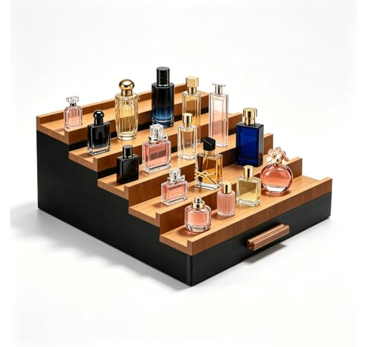 5-Tier Bamboo Cologne Organizer with Hidden Drawer