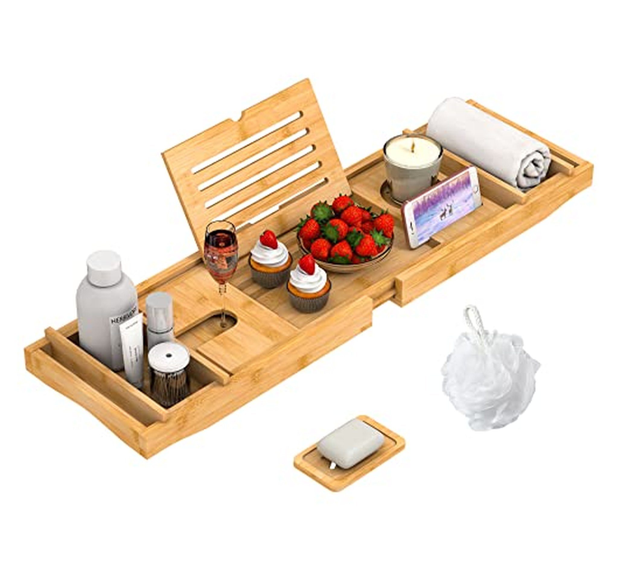 Expandable Bamboo Bathtub Tray with Book and Wine Holder
