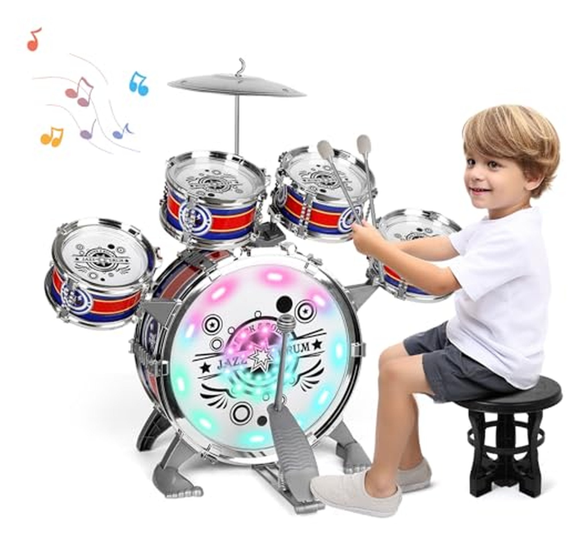 Kids Light Up Toddler Drum Set with Stool
