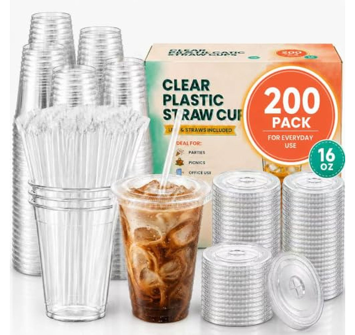 200 Pack 16 oz Plastic Cups with Lids
