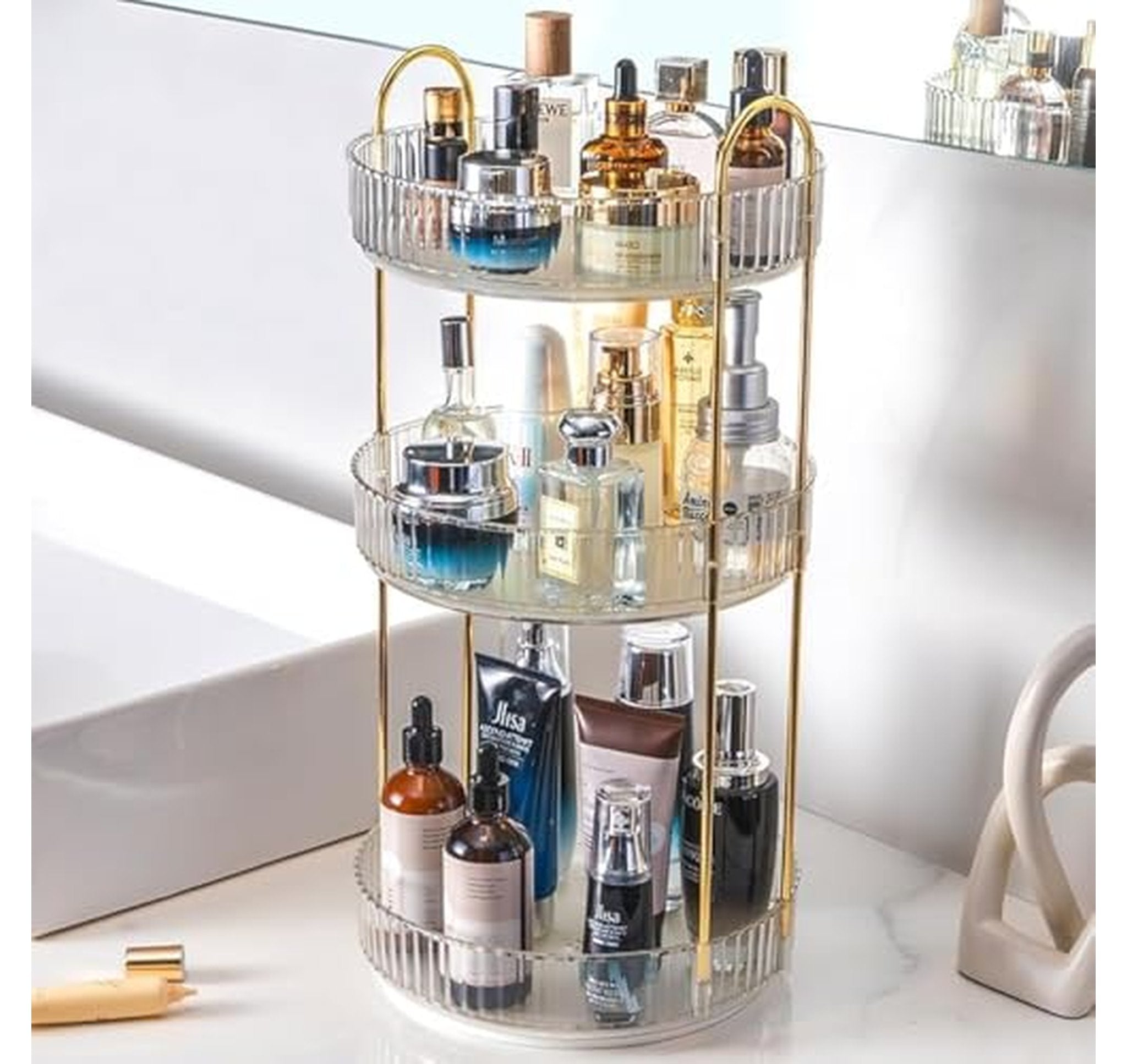 Rotating 3-Tier Makeup Organizer Lazy Susan Trays