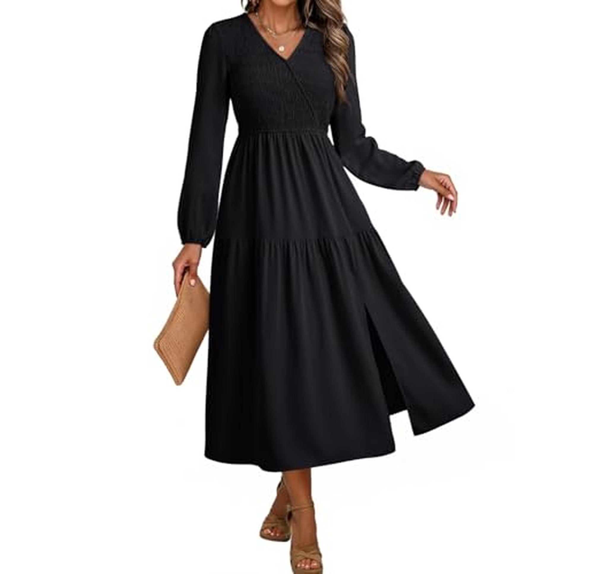 V Neck Long Sleeve Empire Waist Swing Dress