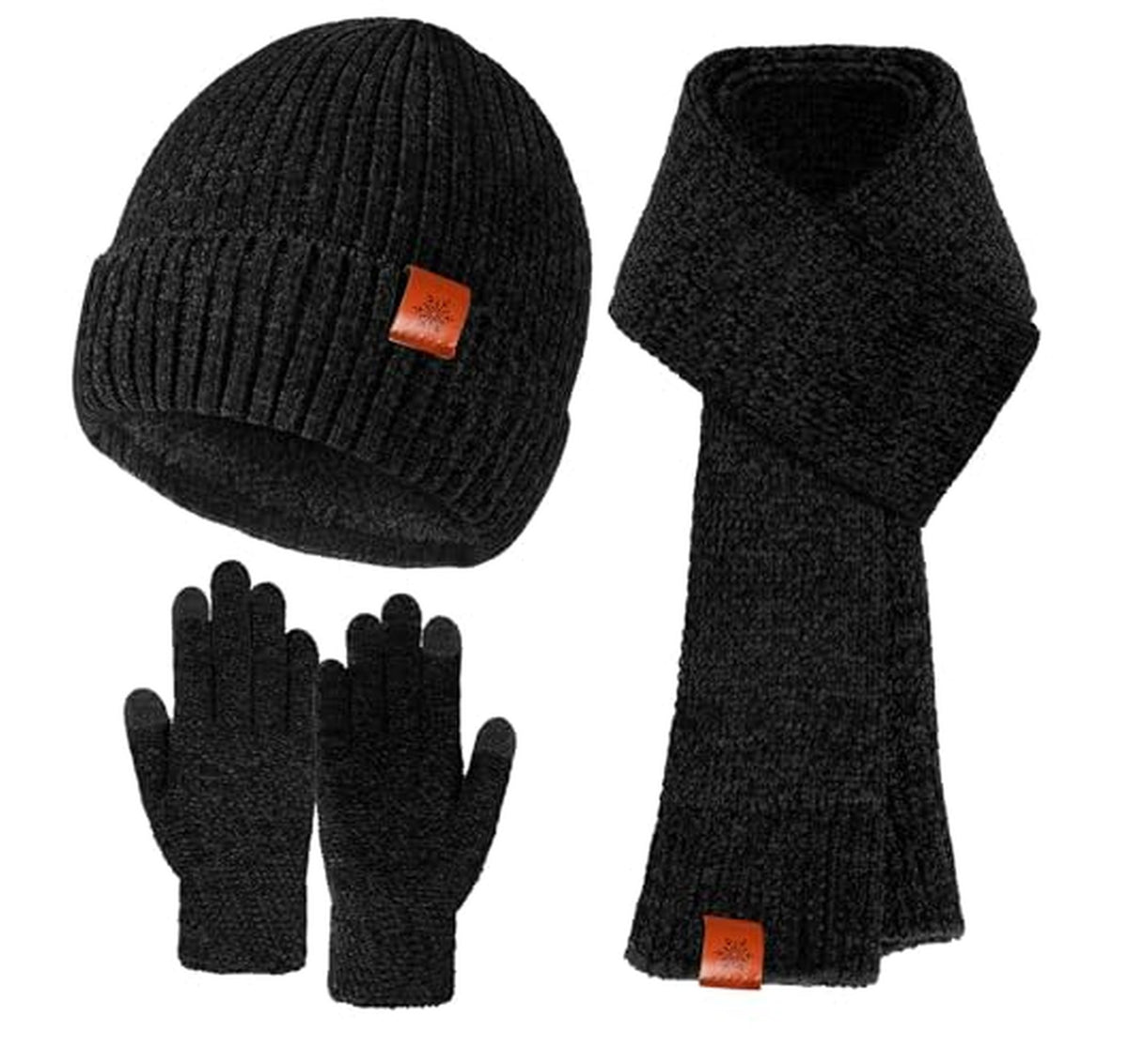 3 Piece Knit Beanie Scarf and Touchscreen Gloves