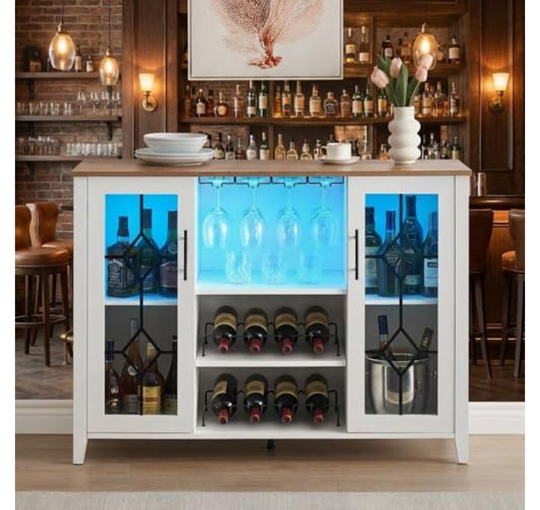 Wine Bar Cabinet with Storage and Glass Rack