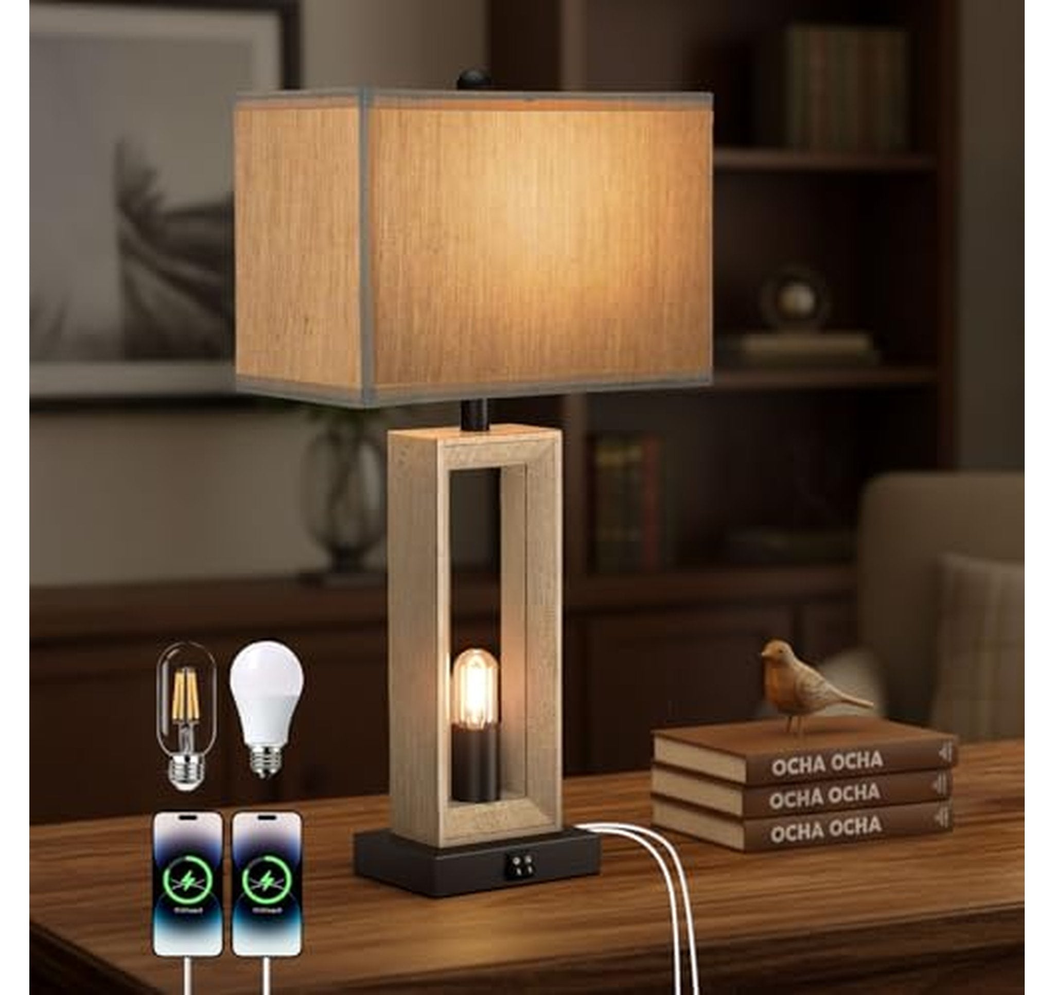 Modern Farmhouse Table Lamp with USB AC Charging