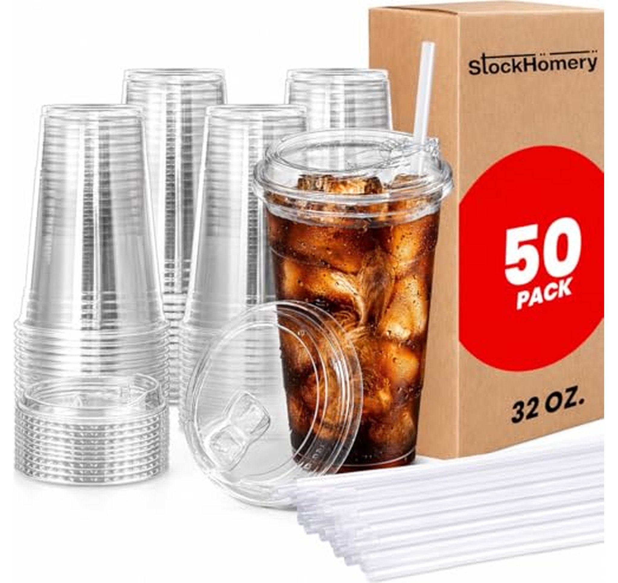 32 oz Reusable Plastic Cups with Lids and Straws