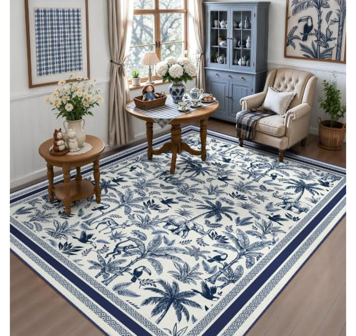 Washable French Country Toile Area Rug 5x7