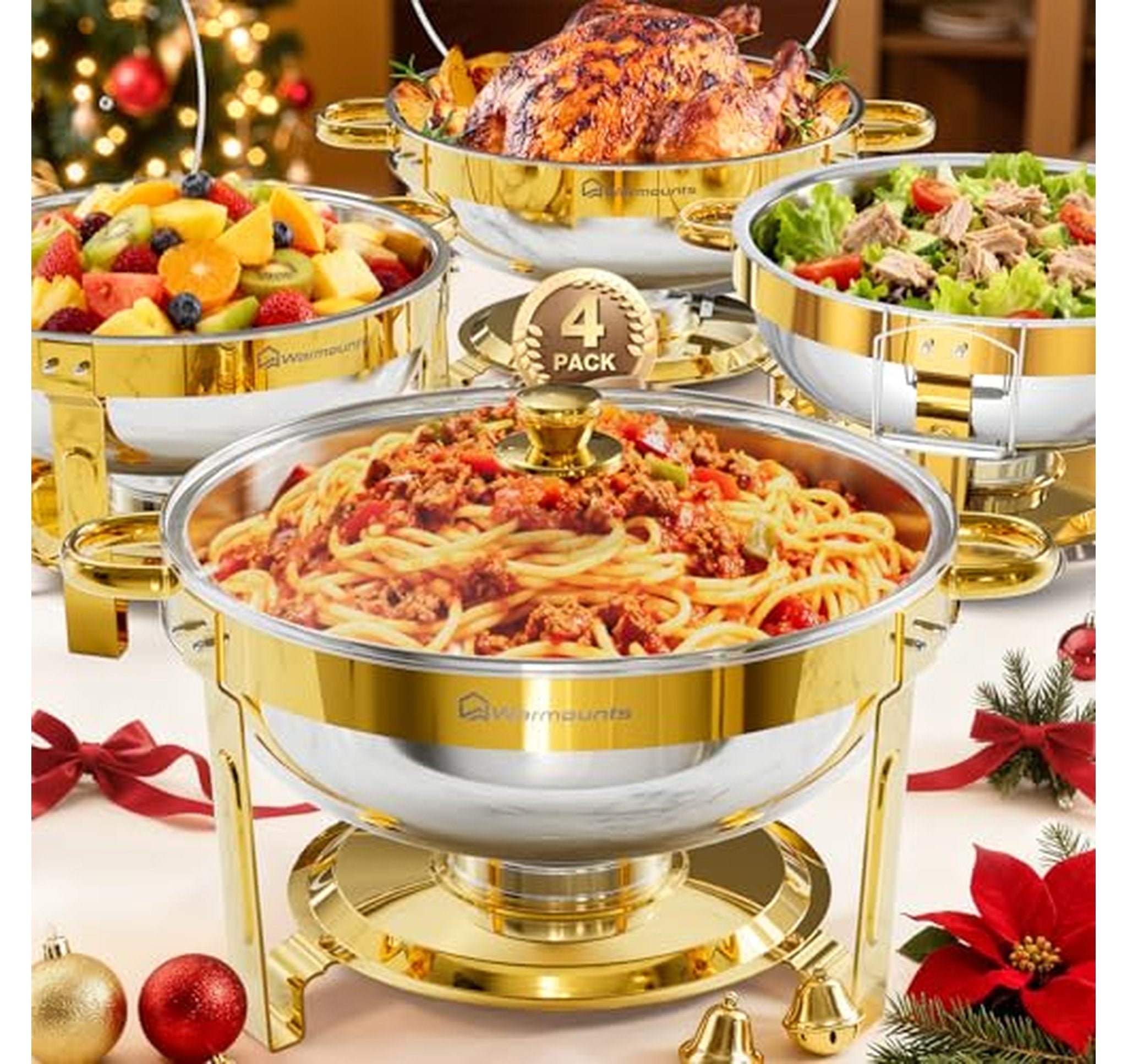 4 Pack 5QT Stainless Steel Round Chafing Dishes