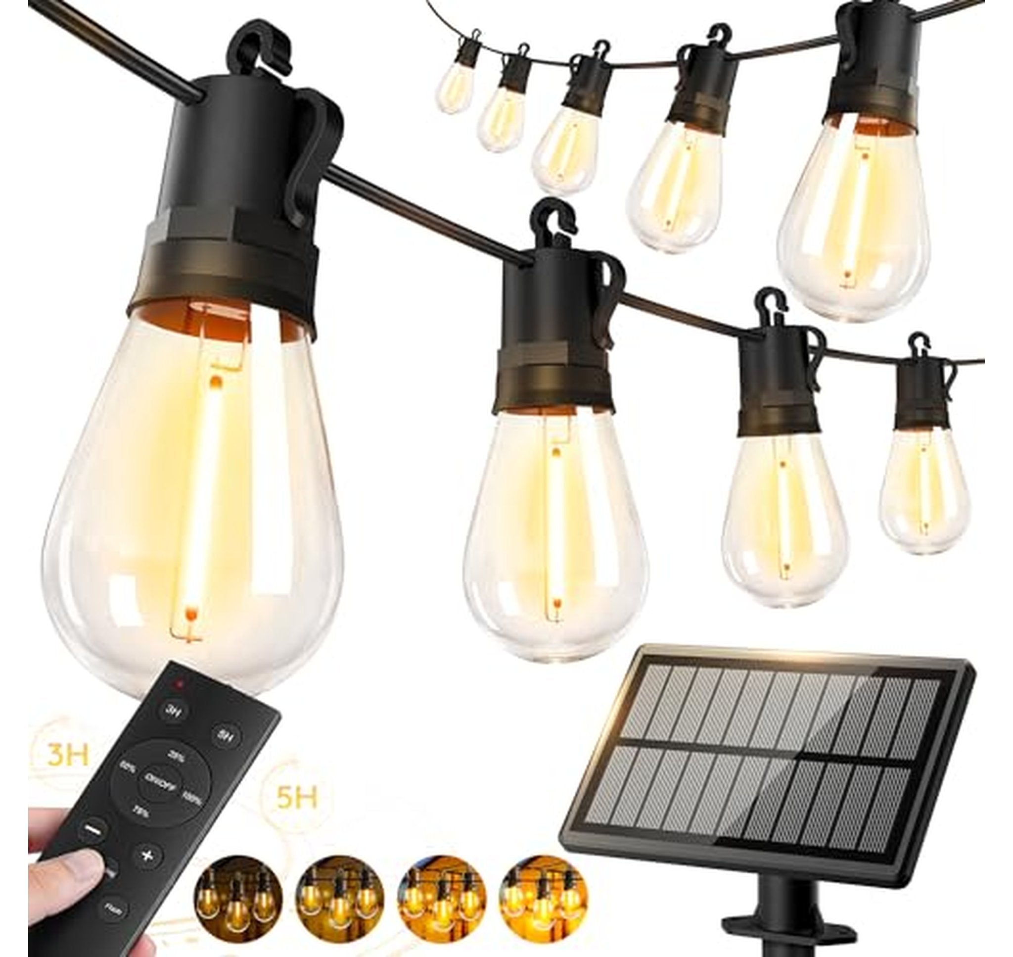 50ft Solar Powered Outdoor String Lights with Edison Bulbs