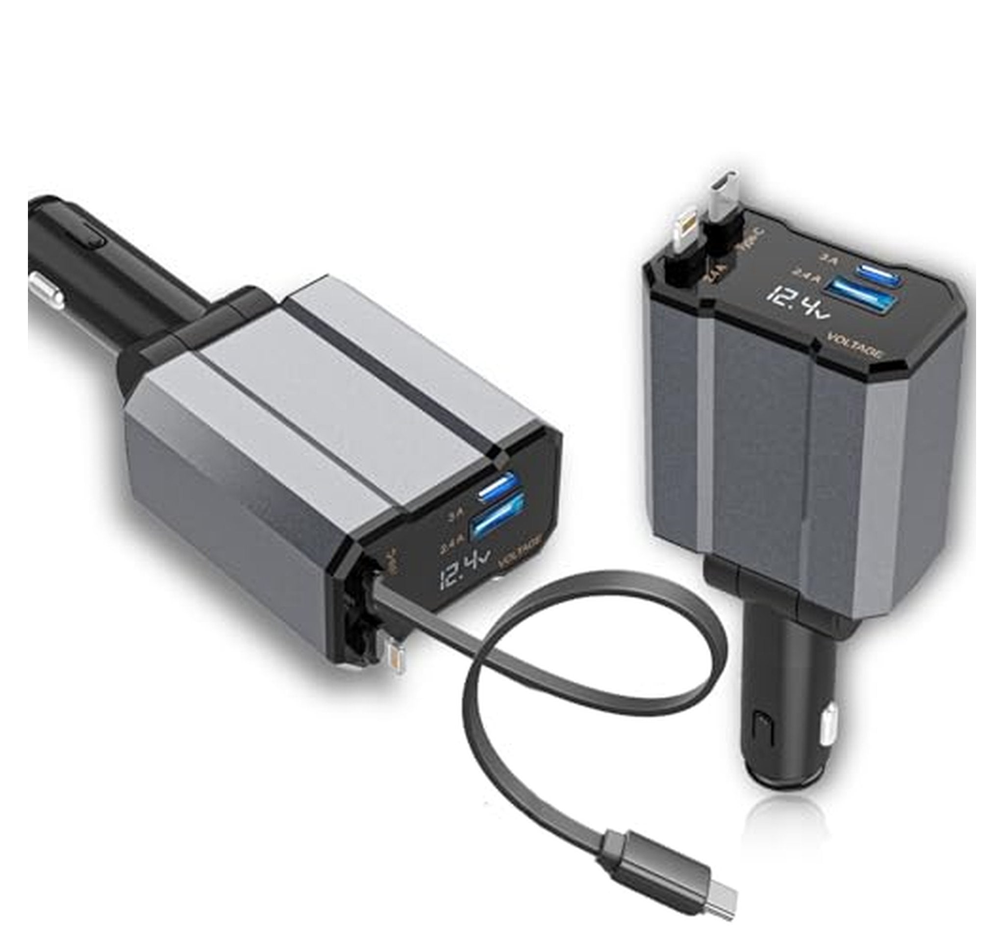 4-in-1 Retractable Fast Car Charger USB-C Lightning