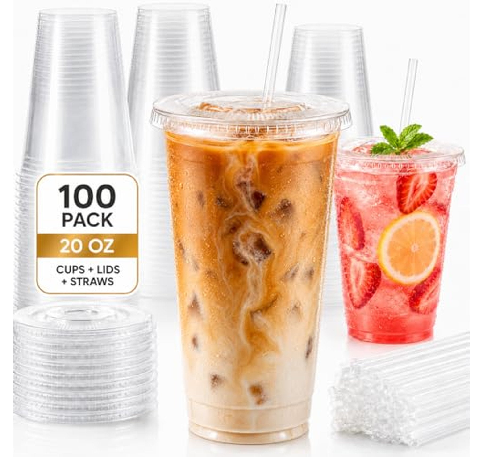 100 Pack 20 oz Plastic Cups with Lids and Straws