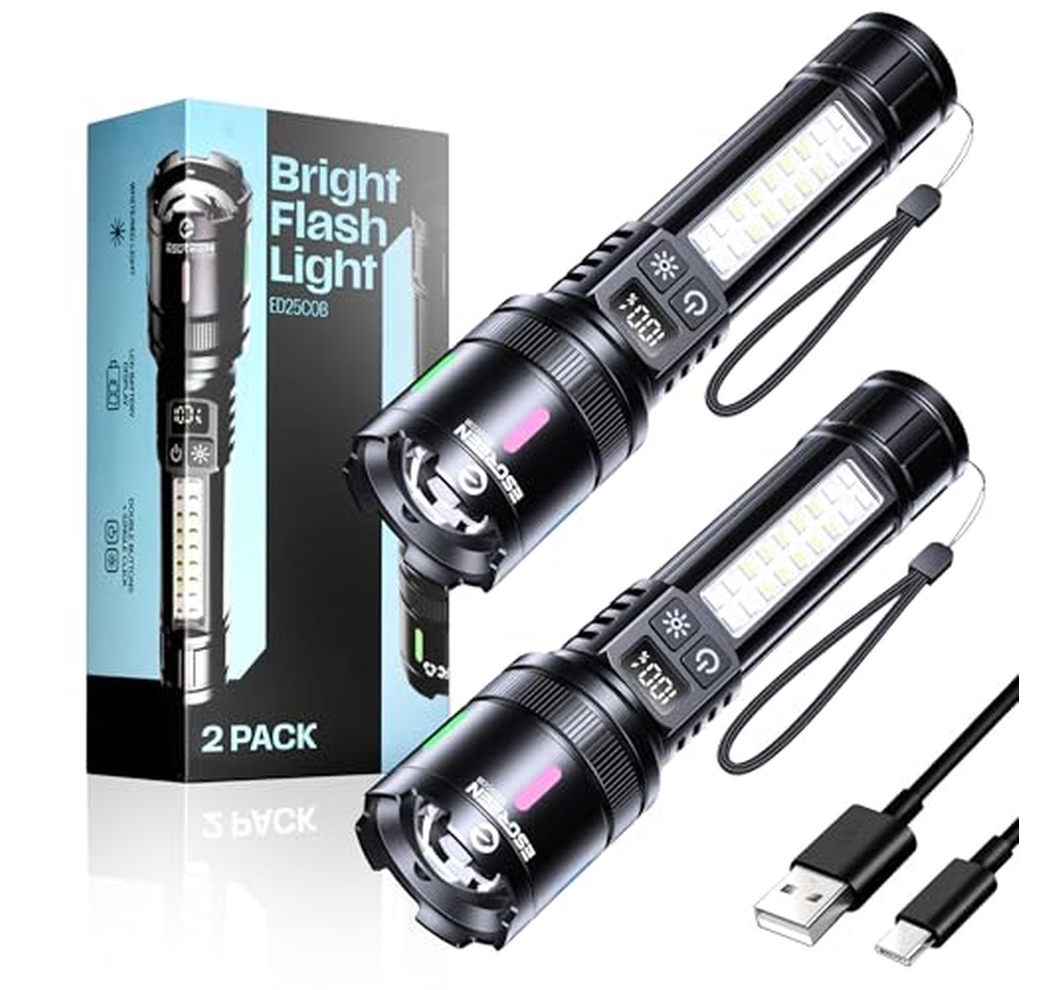 2 Pack High Lumen Rechargeable LED Flashlights