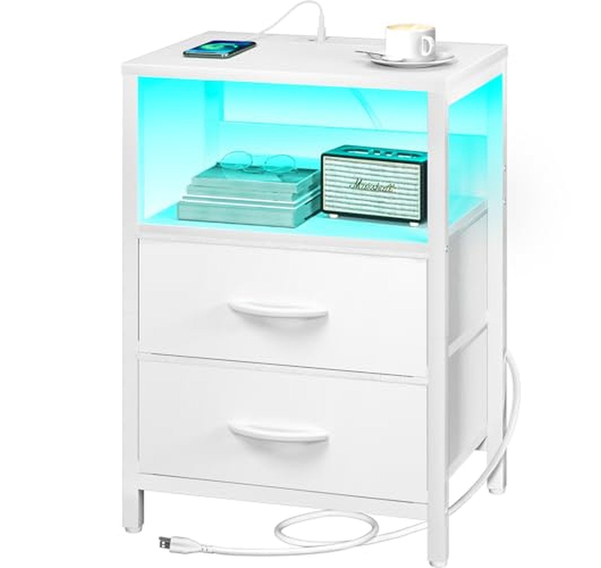 Nightstand with Charging Station and Fabric Drawers
