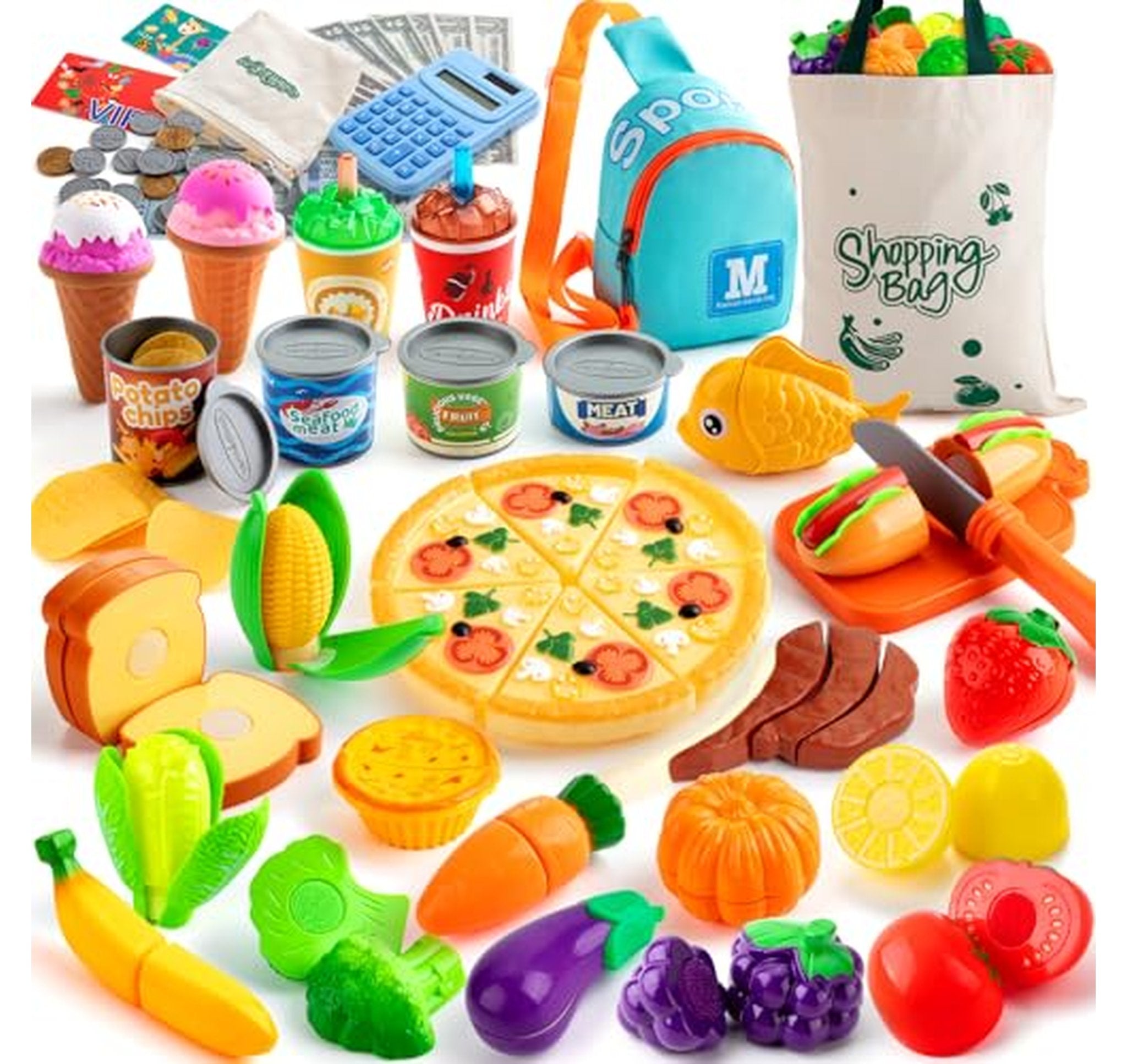 68 Piece Kids Pretend Play Food Grocery Set