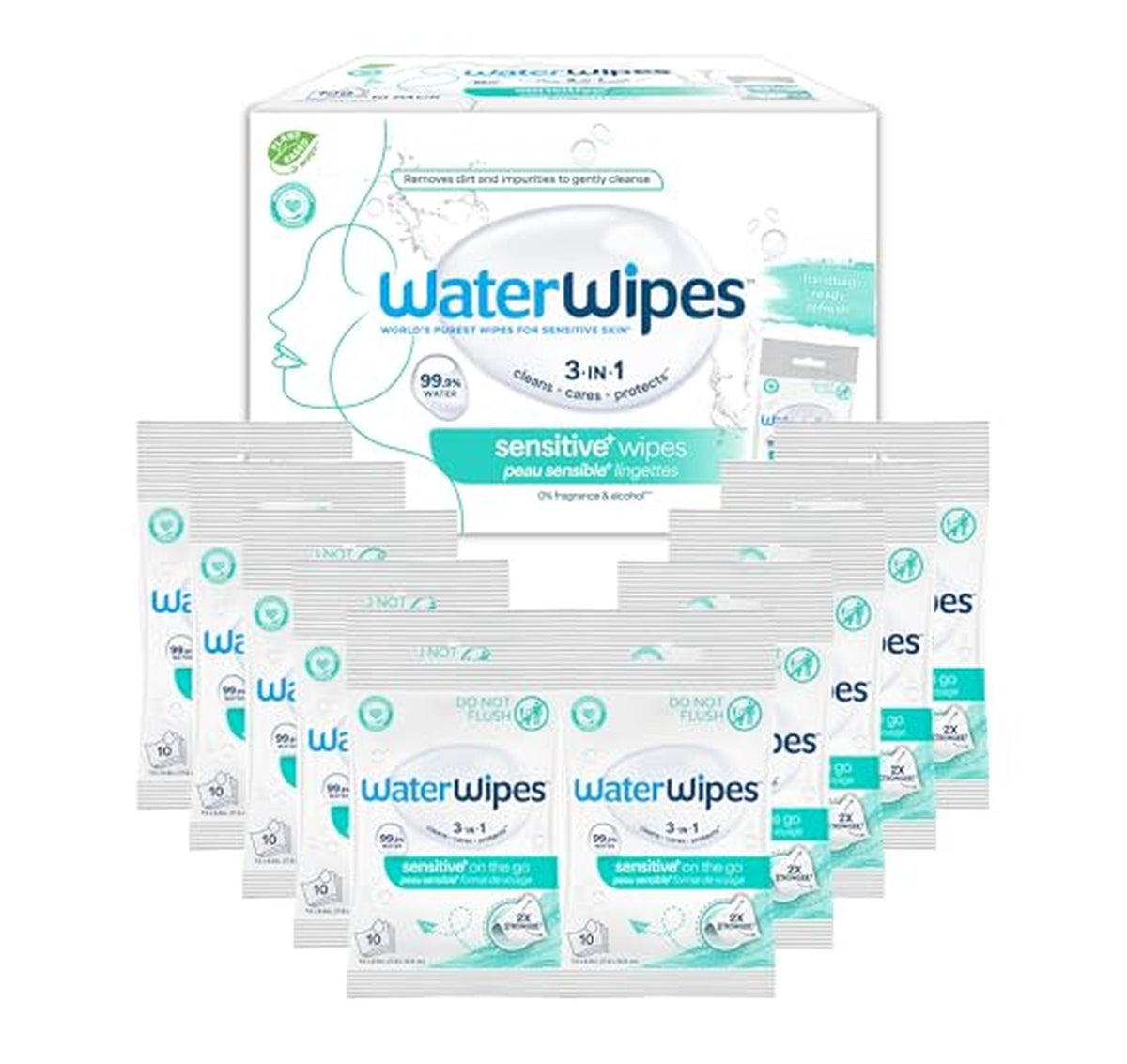 10 Pack WaterWipes Sensitive Facial Cleansing Wipes 100 Count