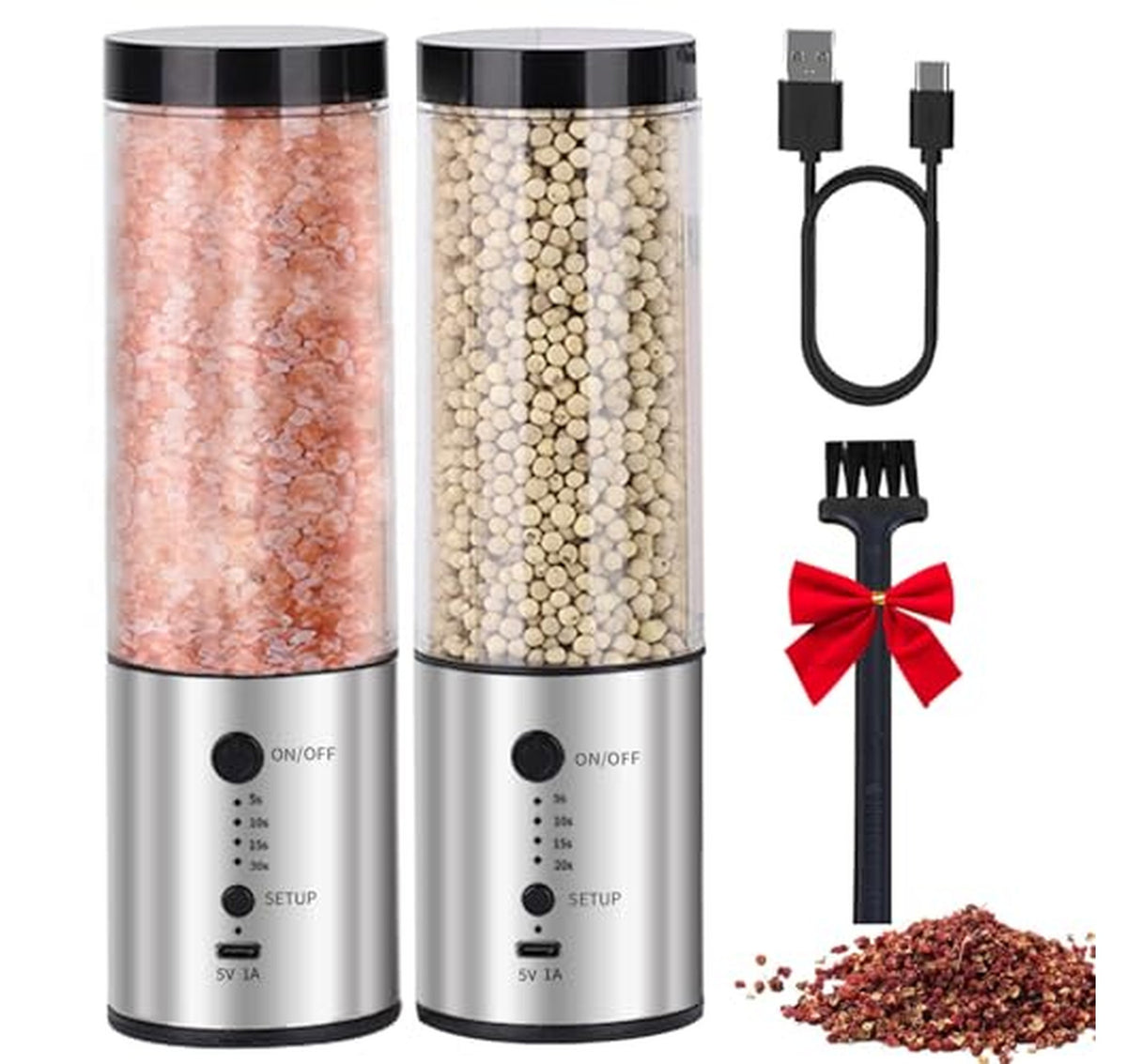 2 Pack Electric Rechargeable Salt and Pepper Grinders