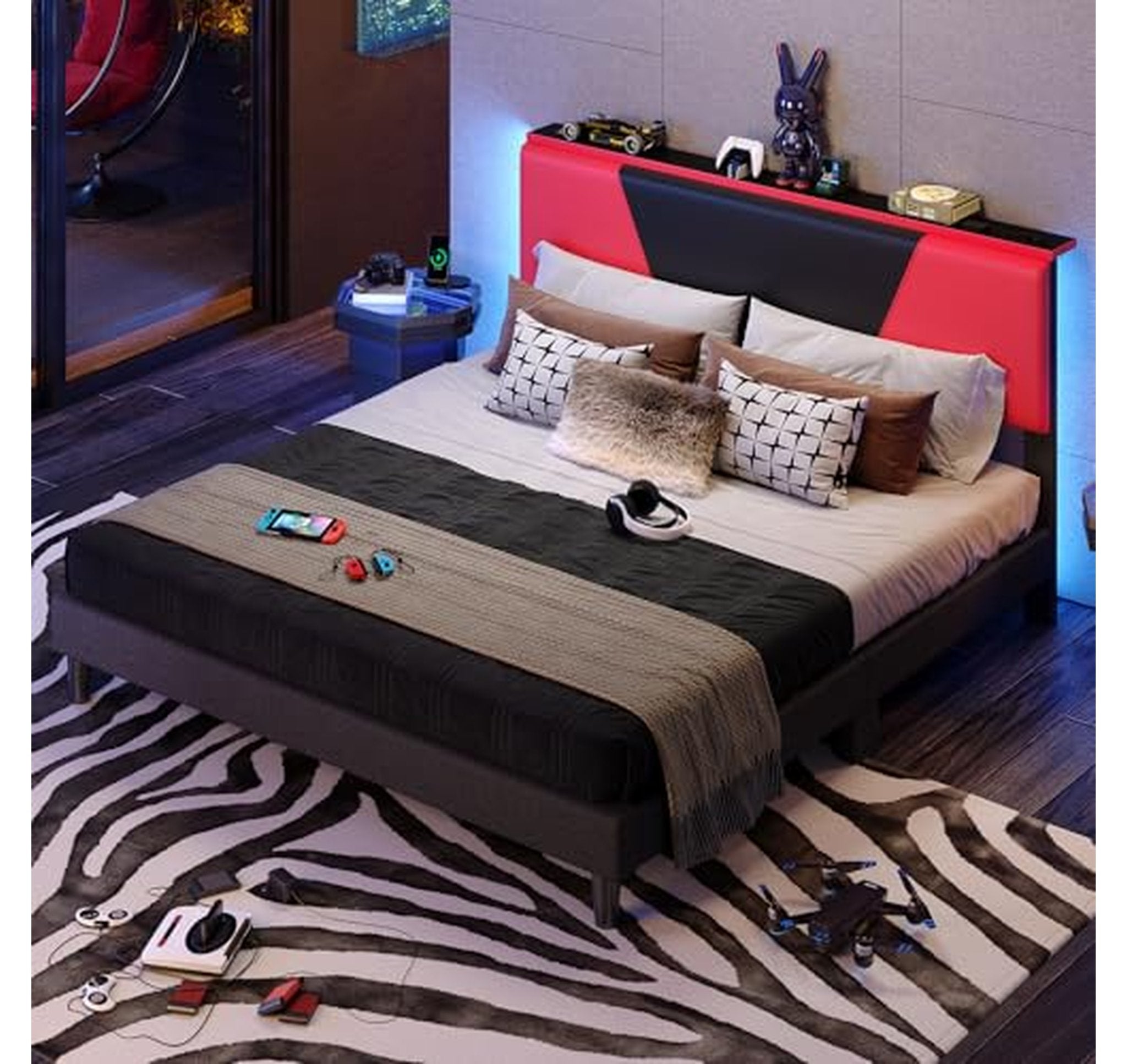 King LED Upholstered Platform Bed Frame with Storage