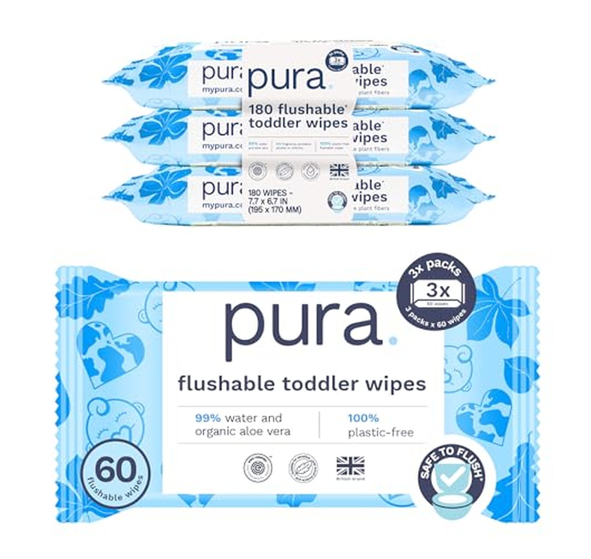 3 Pack Pura Flushable Toddler Toilet Wipes 180 Count