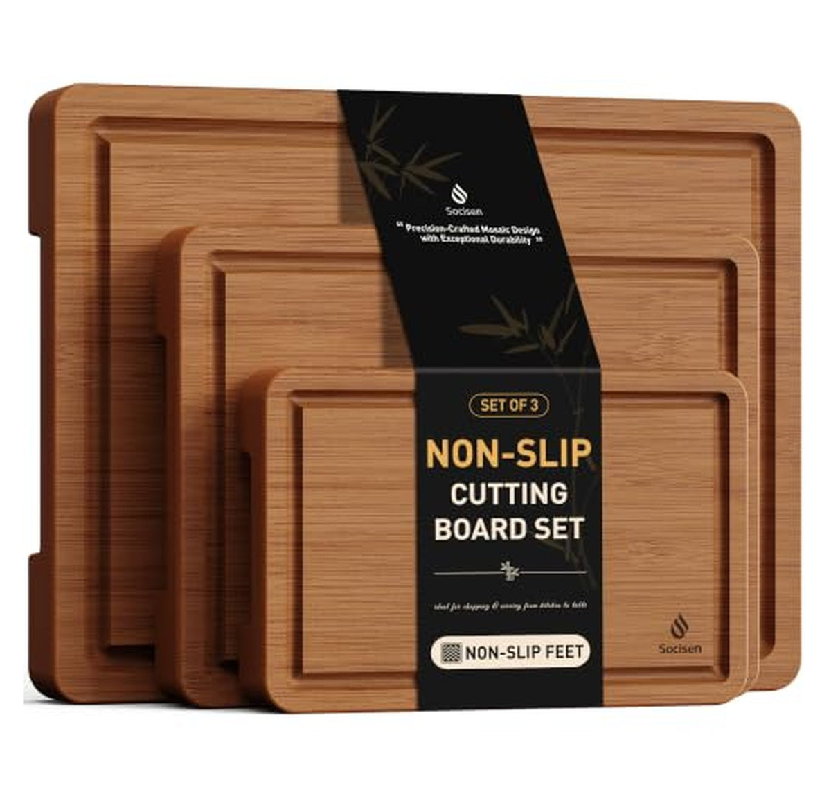 3 Pack Bamboo Cutting Board Set with Juice Grooves