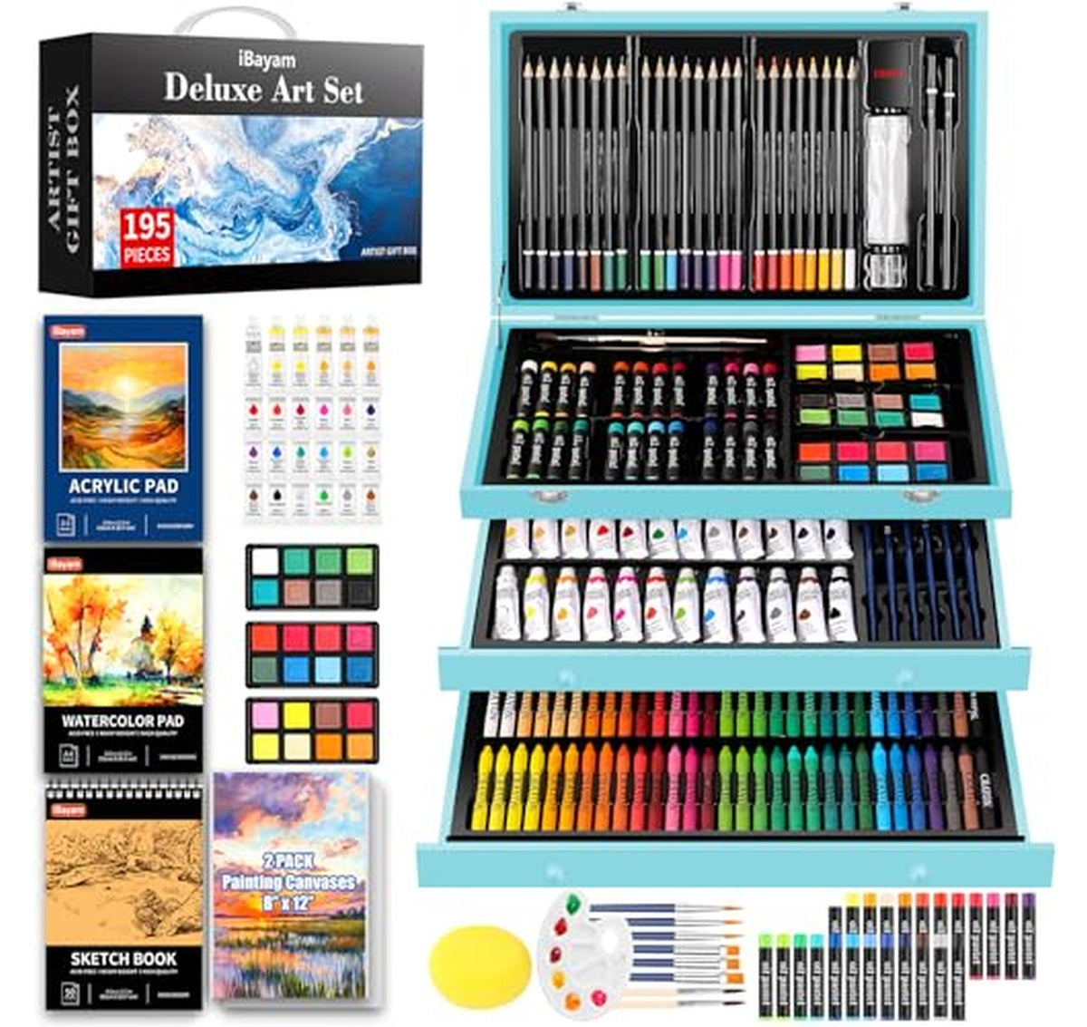 195 Piece Art Supplies Kit with Sketch and Paint Pads