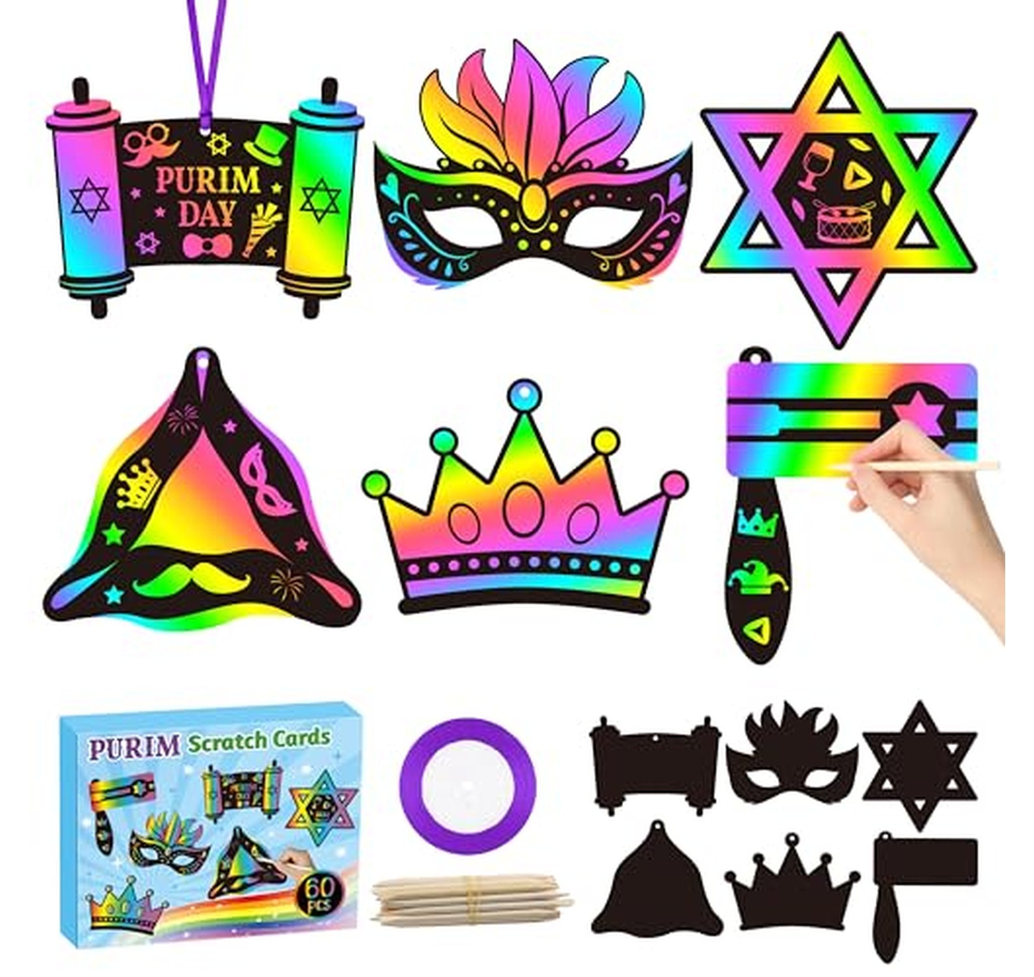 60 Pack Scratch Art Purim Bookmarks Craft Kit
