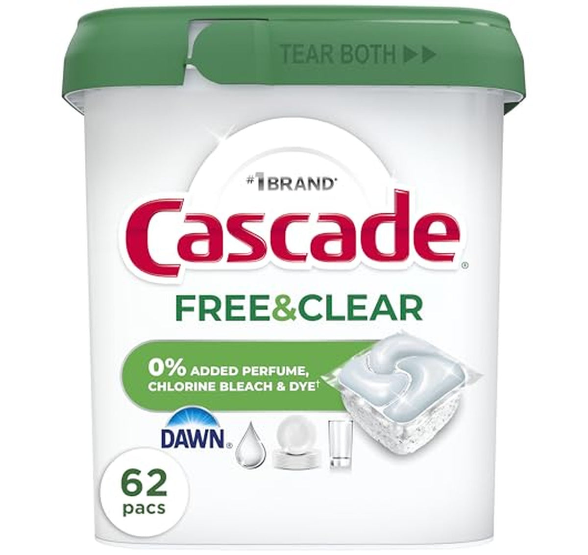 Cascade Free & Clear Unscented Dishwasher Pods, 62 Count