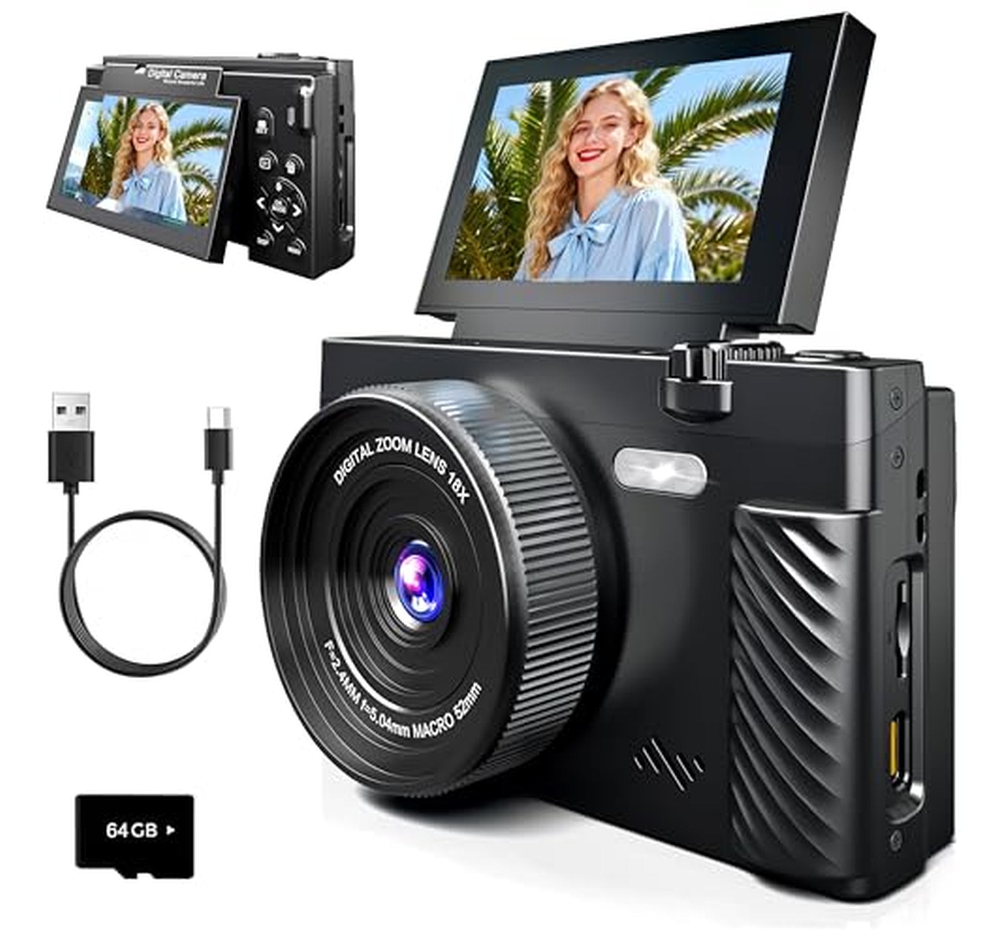4K 64MP Vlogging Digital Camera with Flip Screen