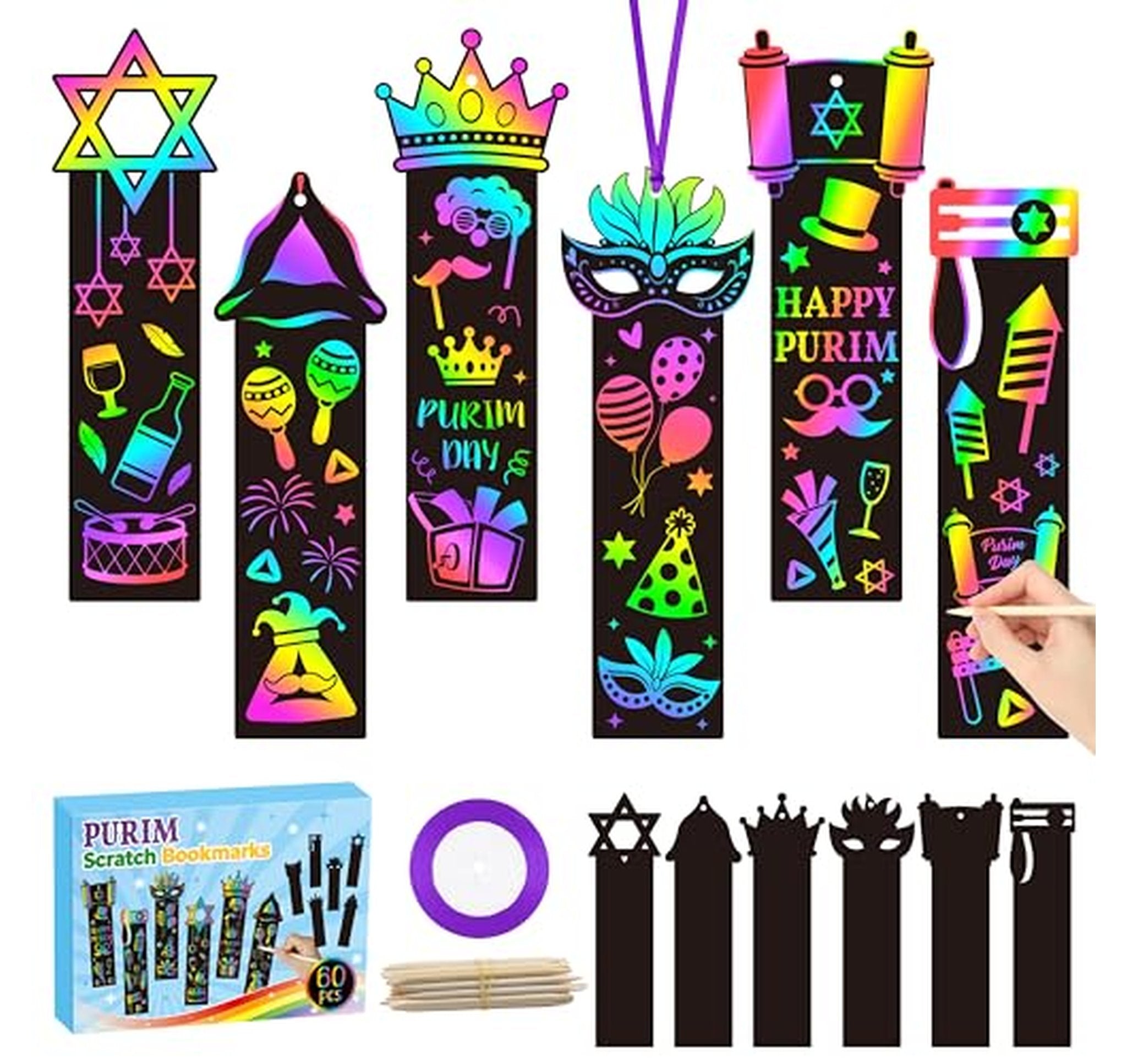 60 Pack Scratch Bookmarks for Purim Crafts