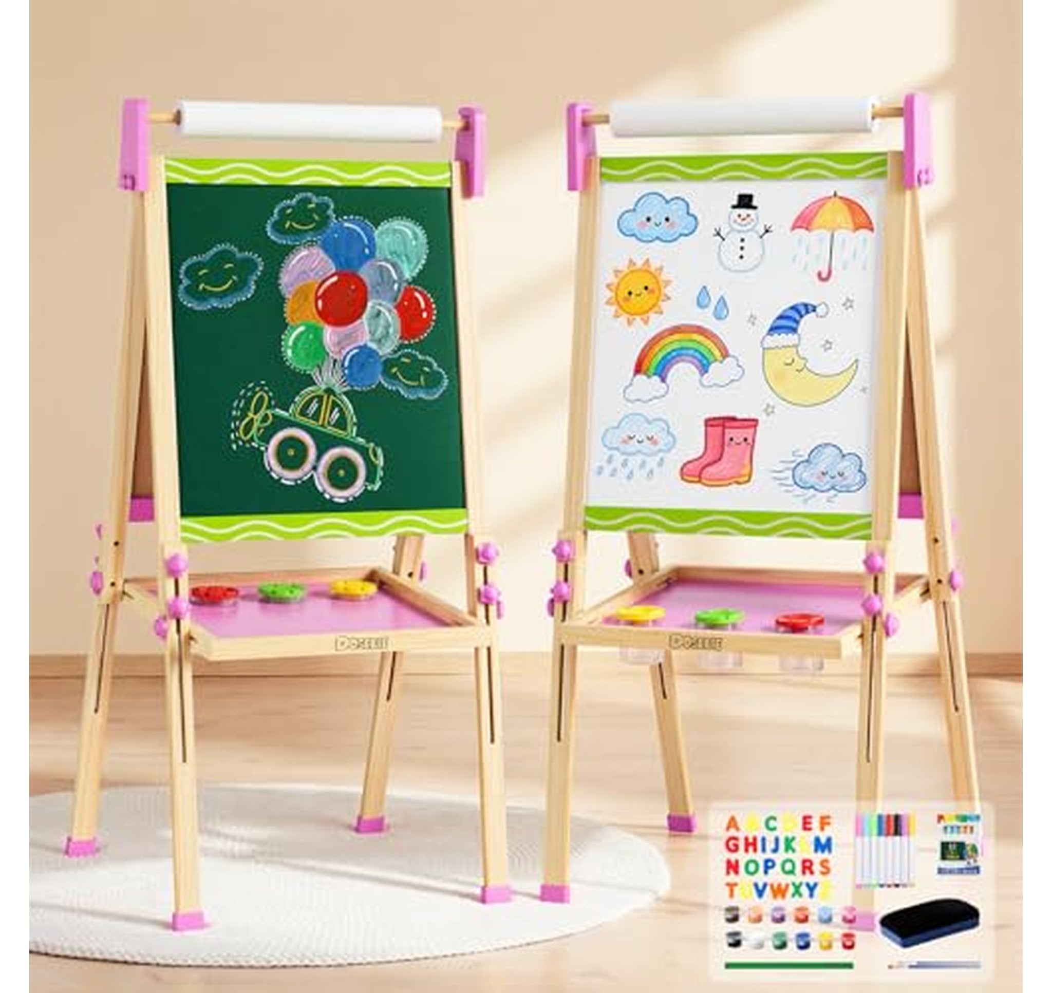Adjustable Wooden Kids Art Easel with Paper Roll