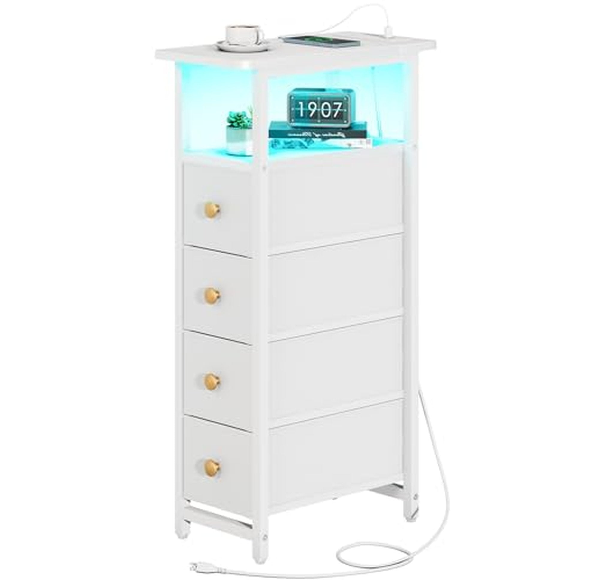 LED Nightstand with Charging Station and Storage Drawers