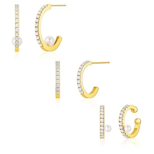 Dainty Pearl Cubic Zirconia Chain Hoop Earrings Set