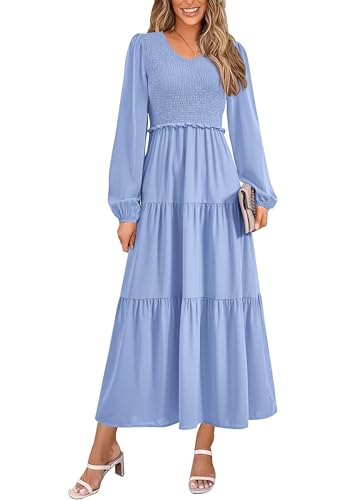 Women's Long Sleeve V Neck Smocked Flowy Dress (6 Colors)