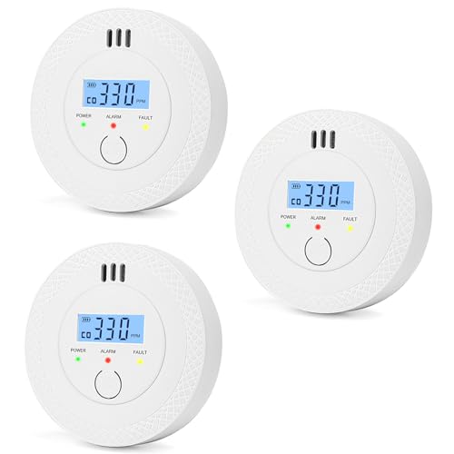 3 Pack Carbon Monoxide Detectors Battery Operated LCD