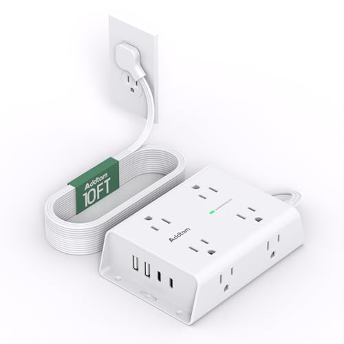 10FT Flat Plug Surge Protector Power Strip, 8 Outlets