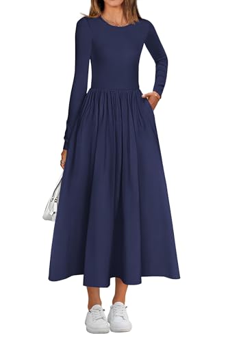 Women's Boho Long Sleeve Midi Dress with Pockets, 13 Colors