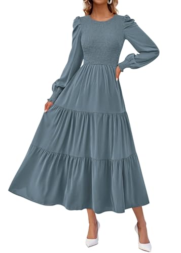 Long Sleeve Maxi Dress Flowy Smocked Wedding Guest (12 Colors!)