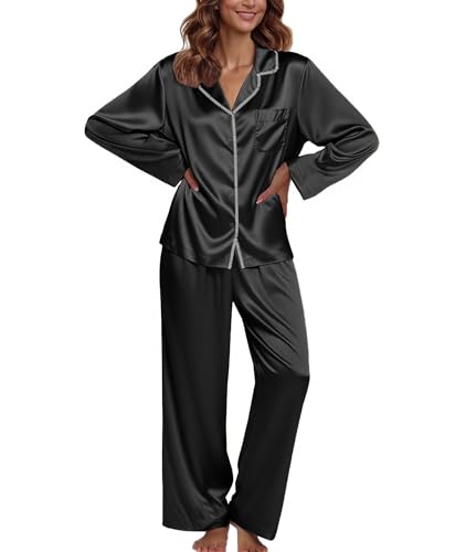 Women's Satin Pajama Set Long Sleeve Button Down