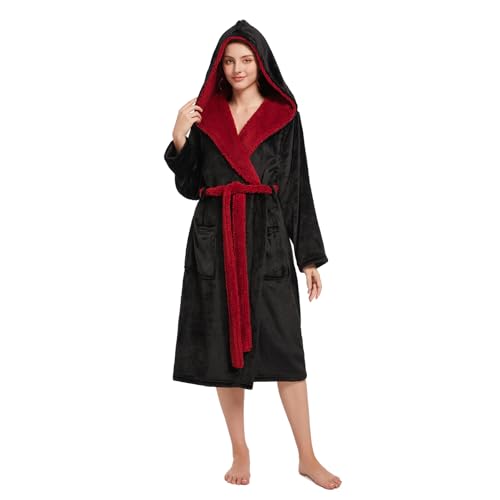 Women's Plush Fleece Hooded Bathrobe with Pockets
