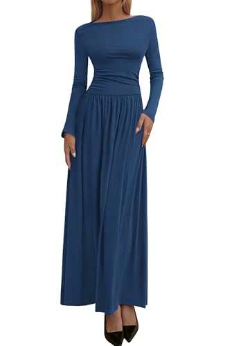 Long Sleeve Ruched Maxi Dress Boat Neck Formal