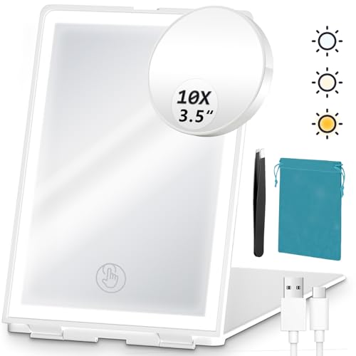 Lighted Makeup Mirror with 10X Magnification, Rechargeable