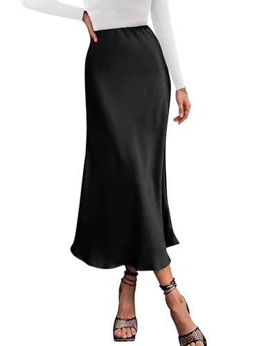Women's Satin Silk High Waist A-Line Midi Skirt 24 Colors