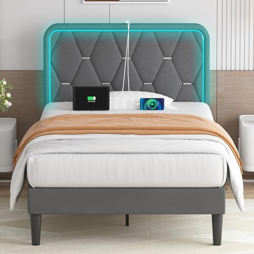Upholstered Twin Bed Frame with Headboard, LED, Charging
