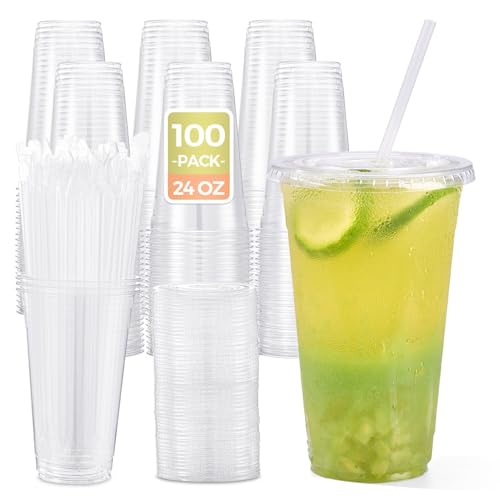 100 Pack 24oz Disposable Plastic Cups with Lids, Straws
